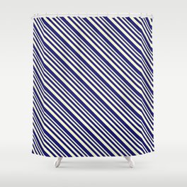 [ Thumbnail: Light Yellow & Midnight Blue Colored Lined/Striped Pattern Shower Curtain ]