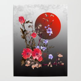Pretty red watercolor flowers and a rising sun Poster