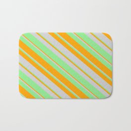 [ Thumbnail: Light Green, Orange & Light Grey Colored Lined/Striped Pattern Bath Mat ]