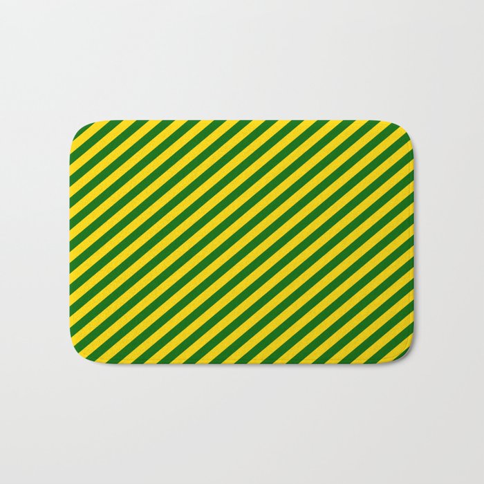 Yellow & Dark Green Colored Striped Pattern Bath Mat