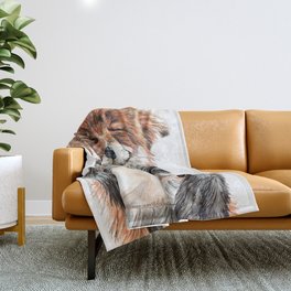 " Morning fox " Red fox with her morning coffee Throw Blanket