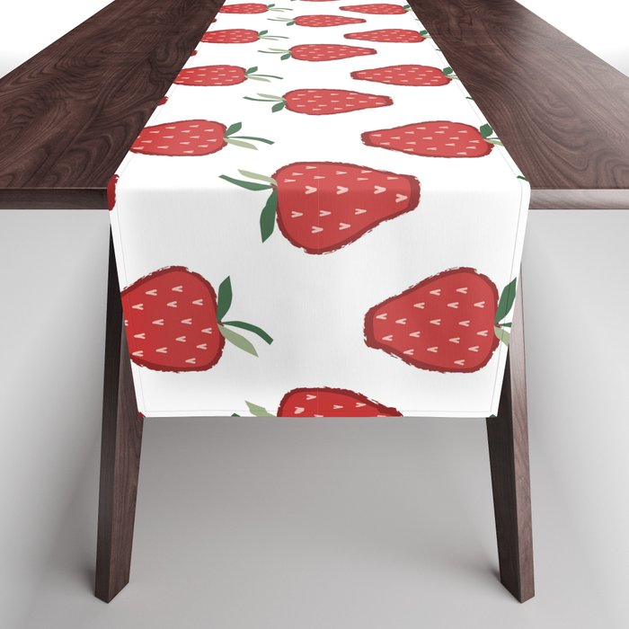 White and Red Cottagecore Strawberry Pattern Table Runner