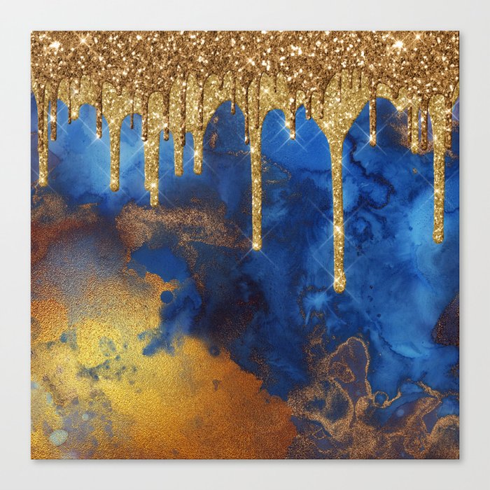 Gold Rain on Indigo Marble Canvas Print