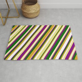 [ Thumbnail: Tan, Purple, Dark Green, Goldenrod, and White Colored Lined/Striped Pattern Rug ]