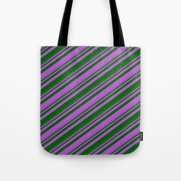 [ Thumbnail: Orchid & Dark Green Colored Striped Pattern Tote Bag ]