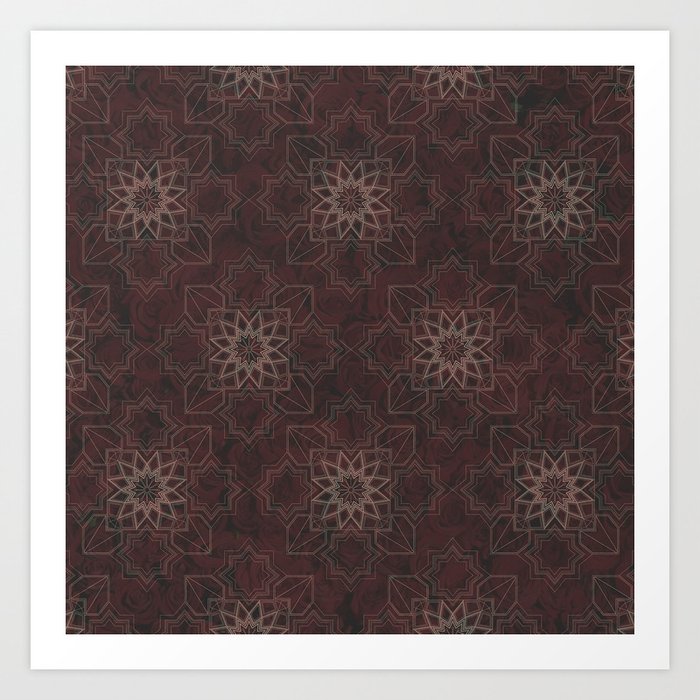 Geometric Floral Pattern in a Subdued Burgundy with Hints of Green Undertones Art Print