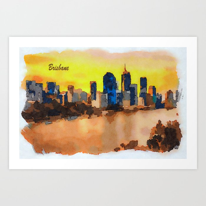 Sunset Skyline Of Brisbane City And Brisbane River Art Print By