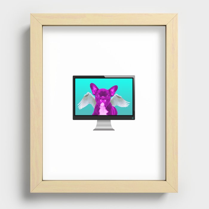 Funny Pink French Bulldog with Angel Wings in Computer Screen Recessed Framed Print