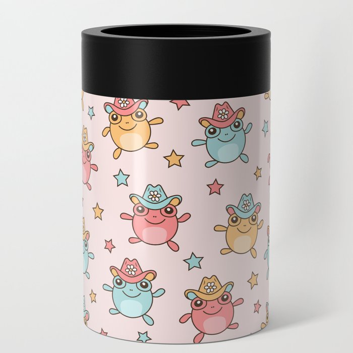 Jumping Cowboy Frogs, Cute Happy Frog with Hat Fun Pattern Can Cooler