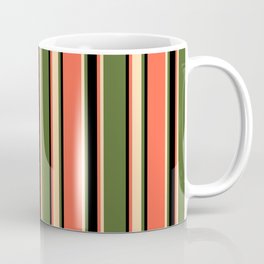 [ Thumbnail: Dark Olive Green, Tan, Red, and Black Colored Striped Pattern Coffee Mug ]