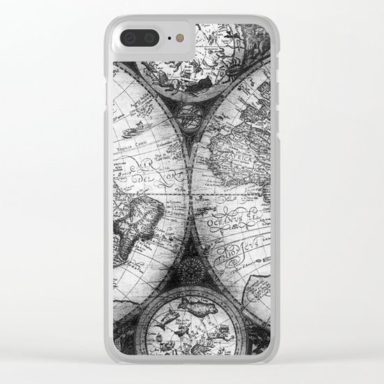 World Map Antique Vintage Black and White Clear iPhone Case