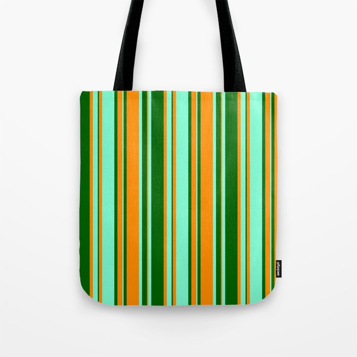 Dark Orange, Dark Green, and Aquamarine Colored Stripes Pattern Tote Bag