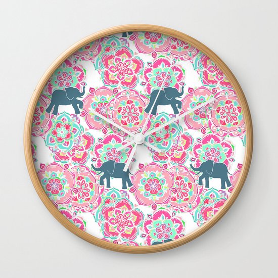 Tiny Elephants in Fields of Flowers Wall Clock