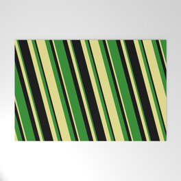 [ Thumbnail: Black, Forest Green, and Tan Colored Stripes Pattern Welcome Mat ]