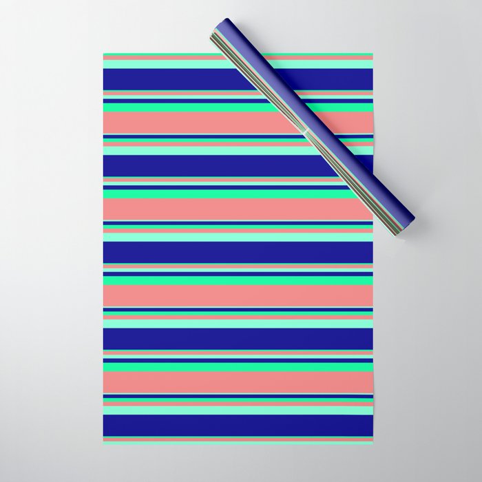 Aquamarine, Dark Blue, Green & Light Coral Colored Stripes Pattern Wrapping Paper