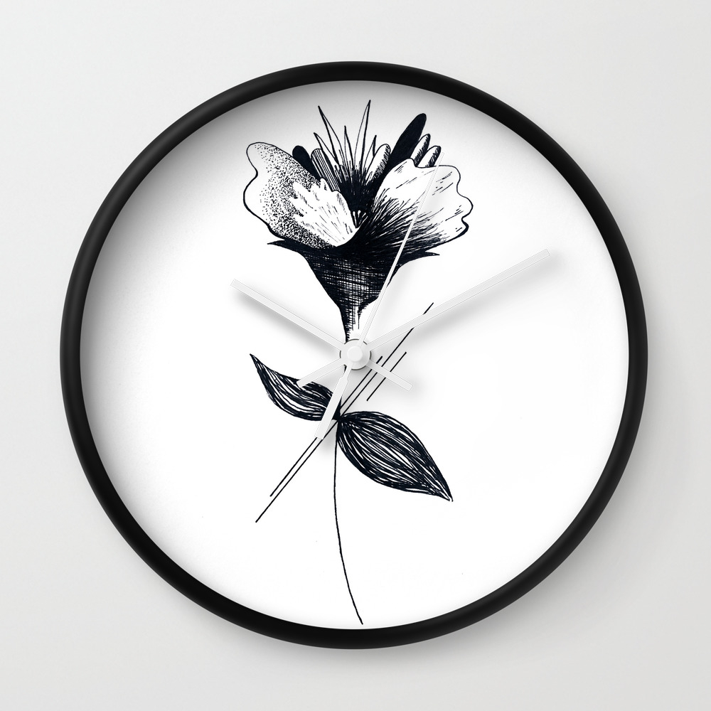Black And White Flower Minimalist Abstract Floral Wall Clock By