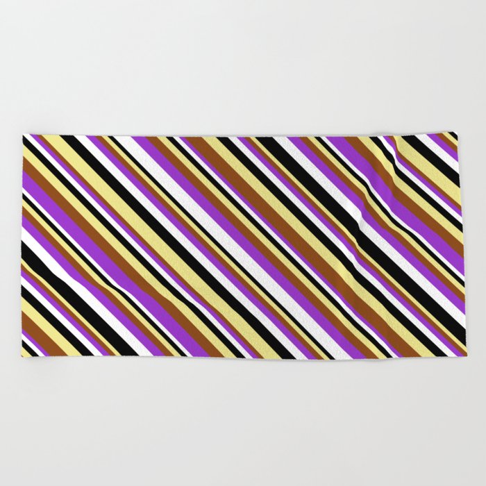 Vibrant Tan, Brown, Dark Orchid, White & Black Colored Lines Pattern Beach Towel