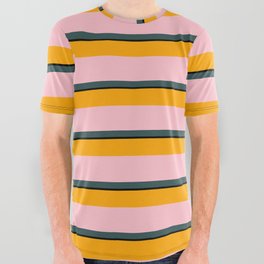 [ Thumbnail: Orange, Pink, Dark Slate Gray & Black Colored Stripes Pattern All Over Graphic Tee ]