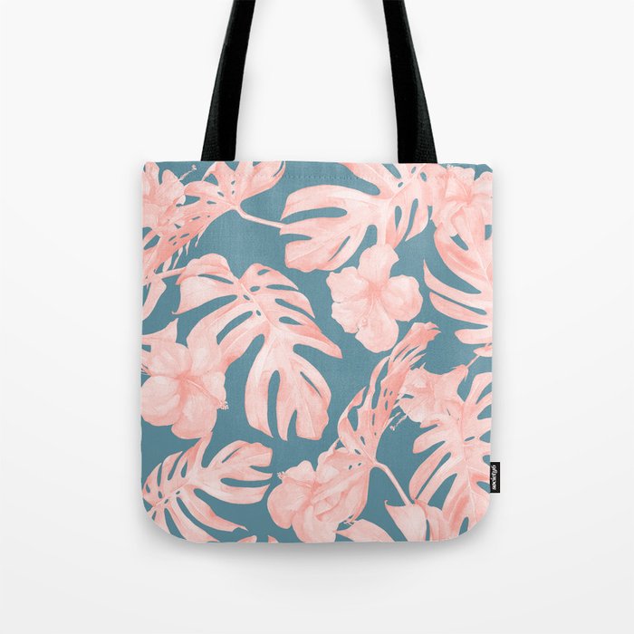 Tropical Palm Leaves and Hibiscus Pink Teal Blue Tote Bag