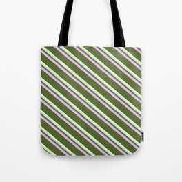 [ Thumbnail: Colorful Yellow, Royal Blue, Pink, Dark Olive Green, and Light Cyan Colored Lined/Striped Pattern Tote Bag ]