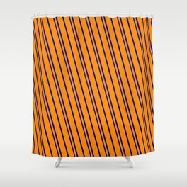 [ Thumbnail: Dark Orange & Dark Blue Colored Pattern of Stripes Shower Curtain ]