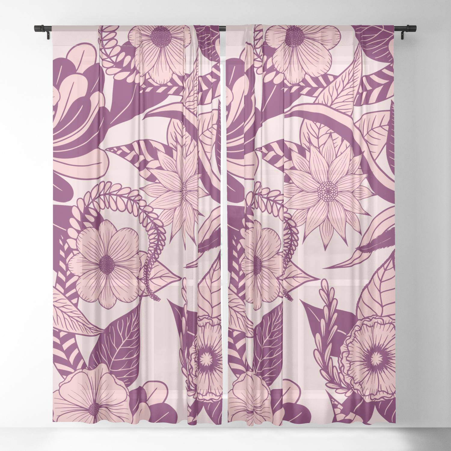 Artsy Girly Plum Pink Floral Illustration Art Sheer Curtain By