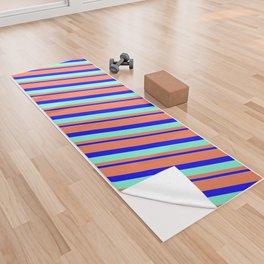 [ Thumbnail: Coral, Blue & Aquamarine Colored Striped/Lined Pattern Yoga Towel ]