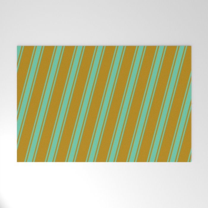 Dark Goldenrod & Aquamarine Colored Striped/Lined Pattern Welcome Mat