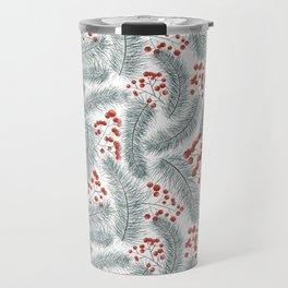 Pine branches and red berries on white Travel Mug