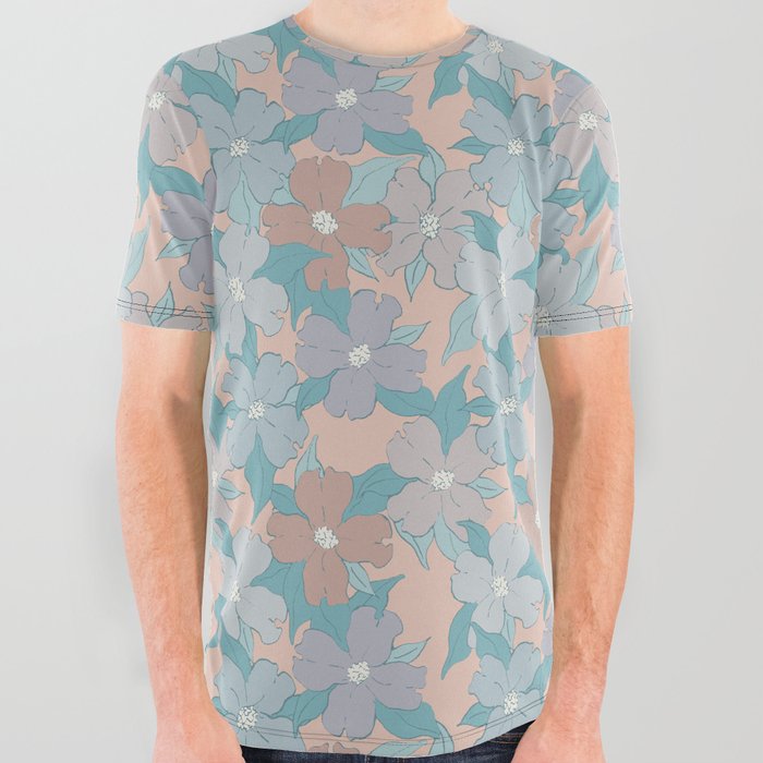 pale peach and blue nautical floral dogwood symbolize rebirth and hope All Over Graphic Tee
