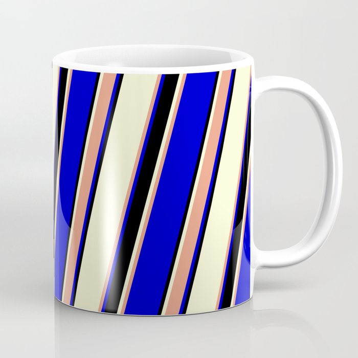 Light Yellow, Dark Salmon, Blue, and Black Colored Striped/Lined Pattern Coffee Mug