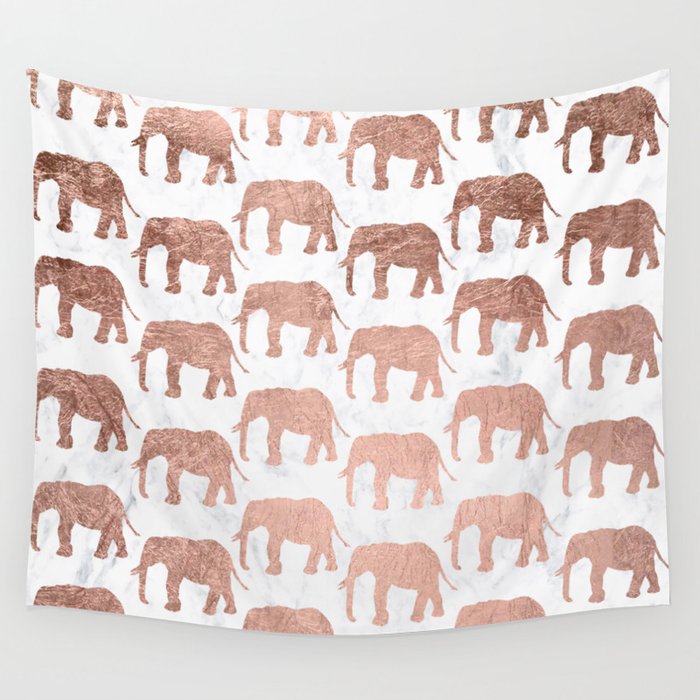 Modern faux rose gold elephants white marble Wall Tapestry