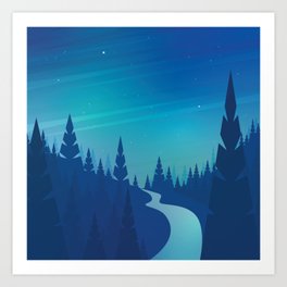 Blue Forest Art Print | Nightsky, Scenery, Monochromatic, Graphicdesign, 2D, Trees, Scenic, Pinetrees, Inktober, Backgroundart 