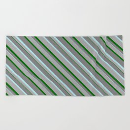 [ Thumbnail: Grey, Powder Blue, Dark Gray, and Dark Green Colored Stripes/Lines Pattern Beach Towel ]