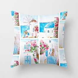 collage of Greece watercolor painting Throw Pillow