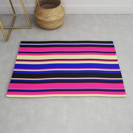 [ Thumbnail: Deep Pink, Pale Goldenrod, Blue, and Black Colored Striped/Lined Pattern Rug ]