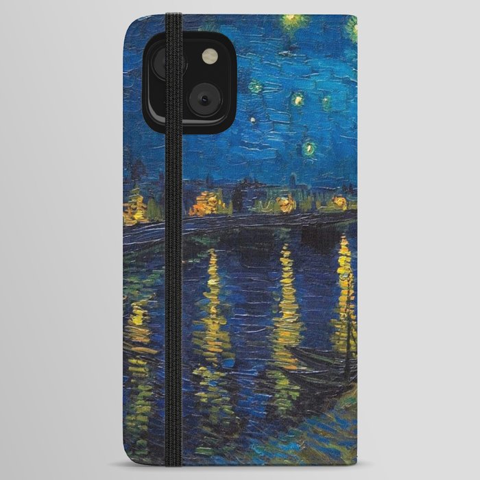 Starry Night Over the Rhone landscape painting by Vincent van Gogh in original blue with yellow stars iPhone Wallet Case