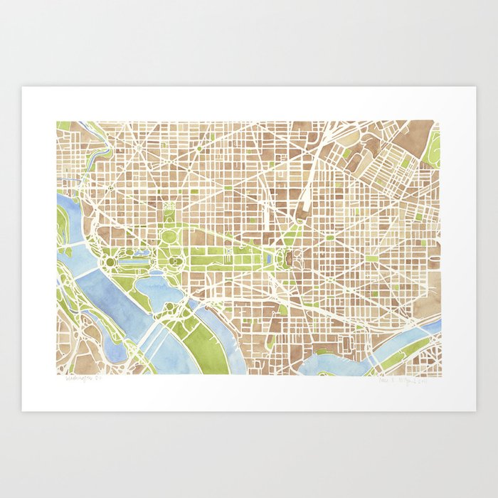 Washington DC watercolor city map Art Print