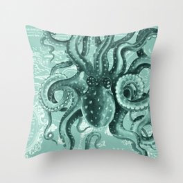 Octopus Green Monochrome Vintage Map Watercolor Nautical Throw Pillow
