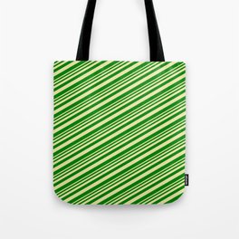 [ Thumbnail: Pale Goldenrod & Green Colored Stripes/Lines Pattern Tote Bag ]