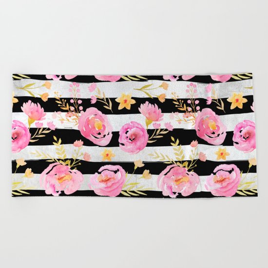 Delicate Poppy Pattern On Stripes Beach Towel