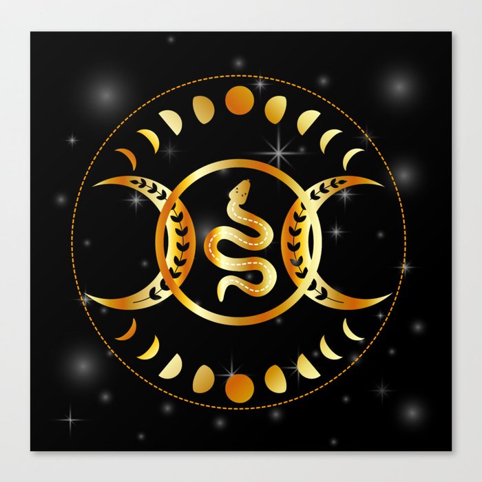 Mystic snake gold mandala with triple goddess and moon phases Canvas Print