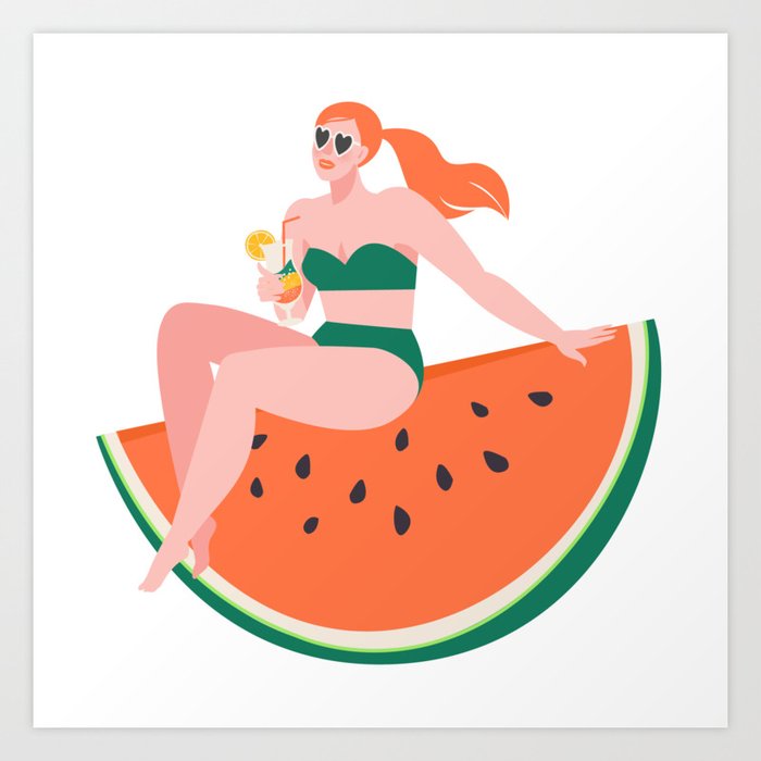 Girl sitting on watermelon slice. Art Print