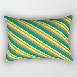 [ Thumbnail: Yellow, Light Sky Blue, Chocolate & Teal Colored Pattern of Stripes Rectangular Pillow ]