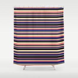 [ Thumbnail: Vibrant Beige, Light Coral, Midnight Blue, Dim Gray, and Black Colored Pattern of Stripes Shower Curtain ]