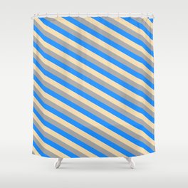 [ Thumbnail: Tan, Dark Grey, and Blue Colored Pattern of Stripes Shower Curtain ]