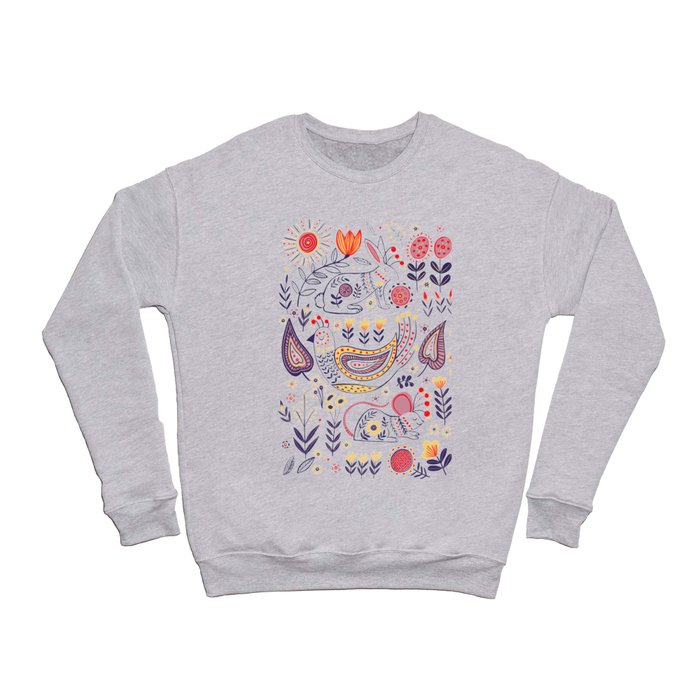 Folk Art Inspired Animal & Floral Print Crewneck Sweatshirt