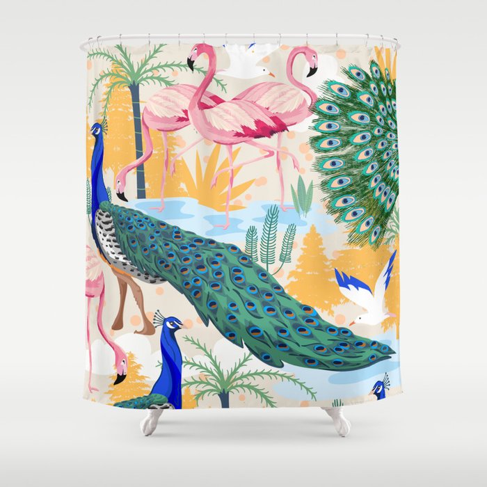 Utopia, Tropical Wildlife Animals, Flamingo Peacock Seagull Vintage Botanical Palm Shower Curtain