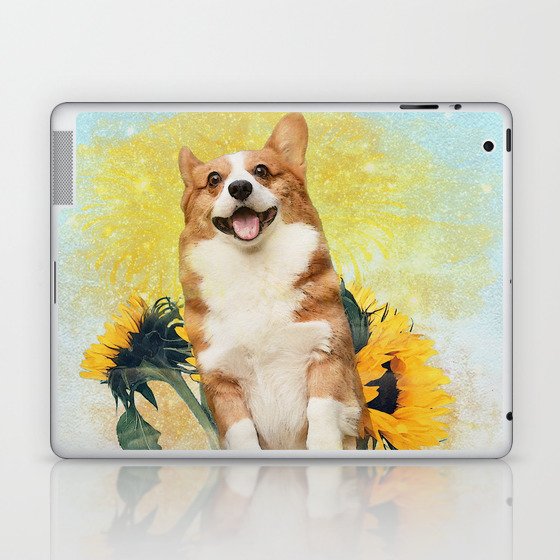 Sundog. Cute corgi puppy and sunflowers painting  Laptop & iPad Skin