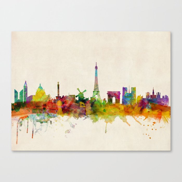 Paris Skyline Watercolor Canvas Print